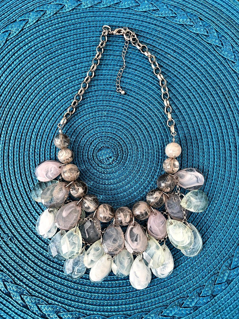 Beaded Statement Necklace in Blue & Pink Like New